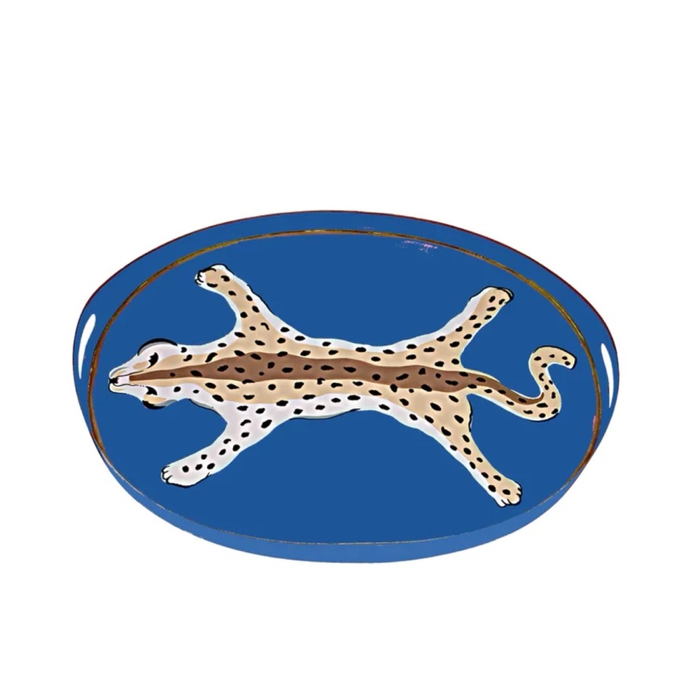 NEW Dana Gibson Oval Navy Blue Leopard Cheetah Decorative Large Serving Tray